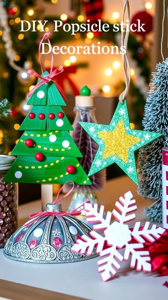 Colorful DIY popsicle stick Christmas decorations displayed with twinkling lights.
